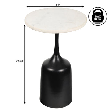 Pip 20.25" Classic Designer Metal Drink Table and Decorative End Table with White Marble Round Top and Bell Pedestal Base